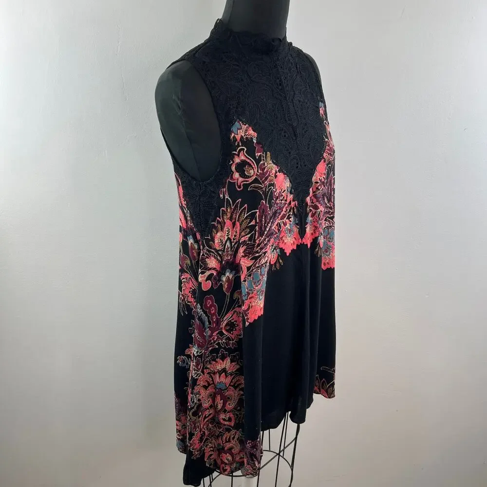 FREE PEOPLE Marsha Black Pink Slip Dress Floral Lace Mock Neck Pullover Medium M